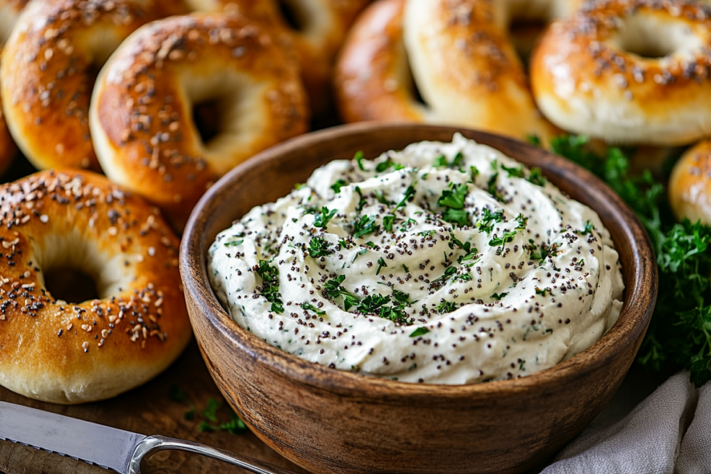 A creamy bagel dip garnished with herbs and paired with bagels.