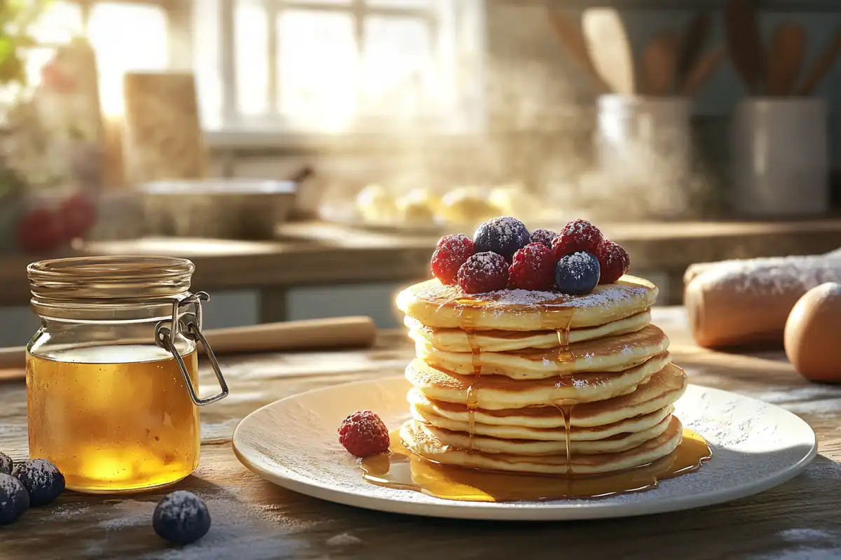 A jar of sourdough discard beside a stack of golden-brown pancakes topped with berries and honey on a rustic wooden kitchen countertop.