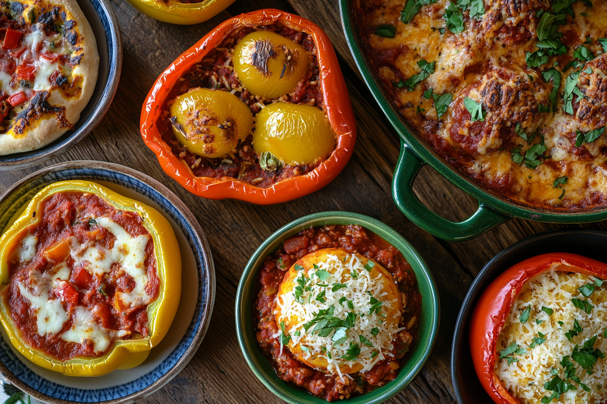 Creative dishes using leftover spaghetti sauce displayed on a rustic kitchen table.