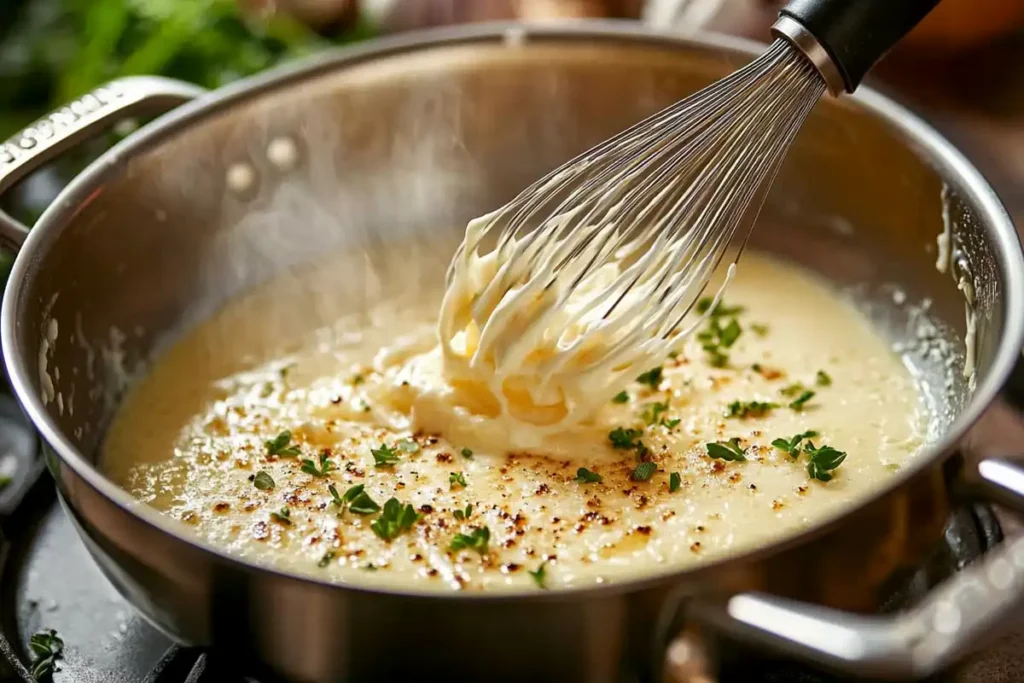 Whisking Parmesan cheese into butter in a saucepan.