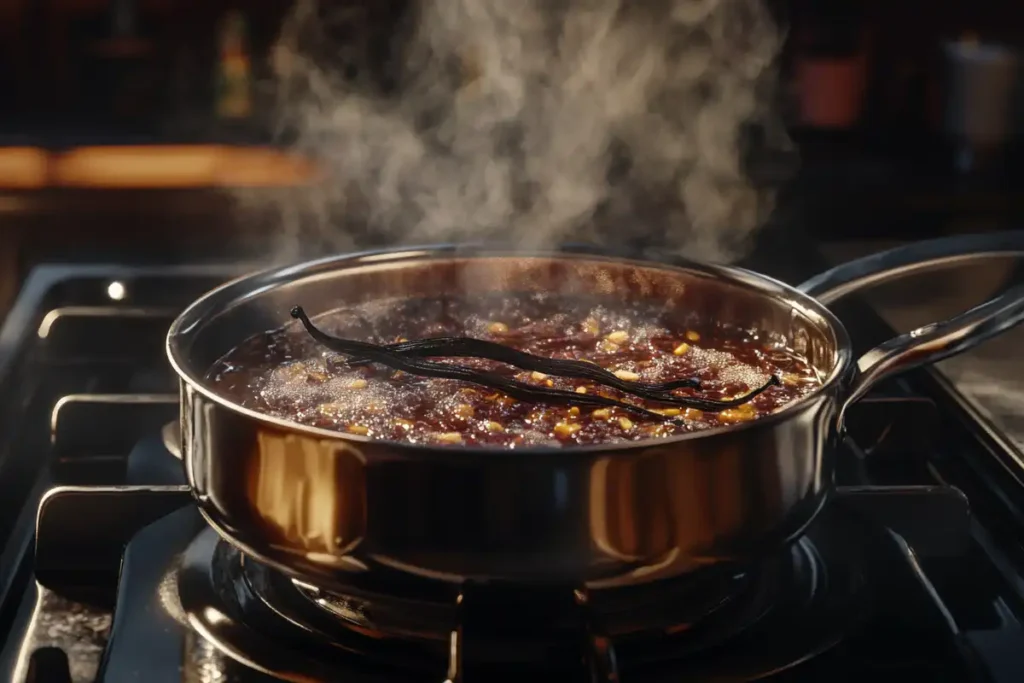 Simmering vanilla paste ingredients on a stovetop.