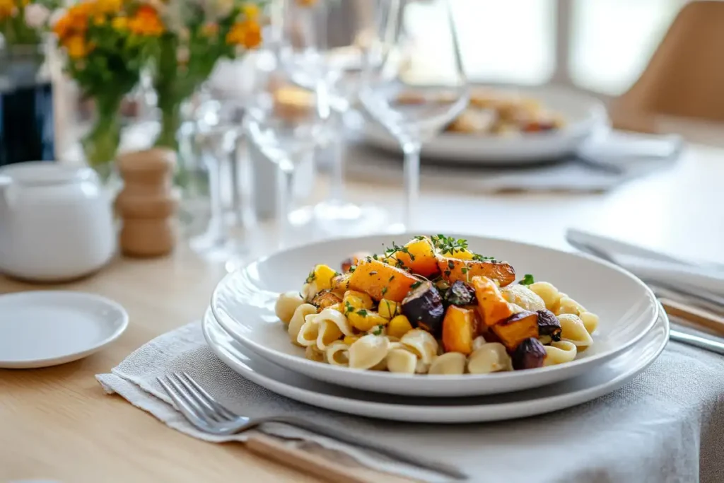 Gluten-free ditalini pasta served with roasted vegetables.