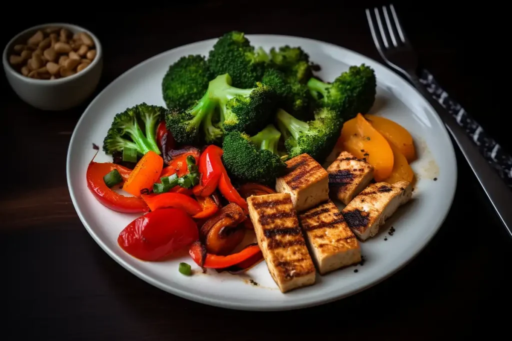 Stir-fried tofu with vegetables and black beans for dinner.