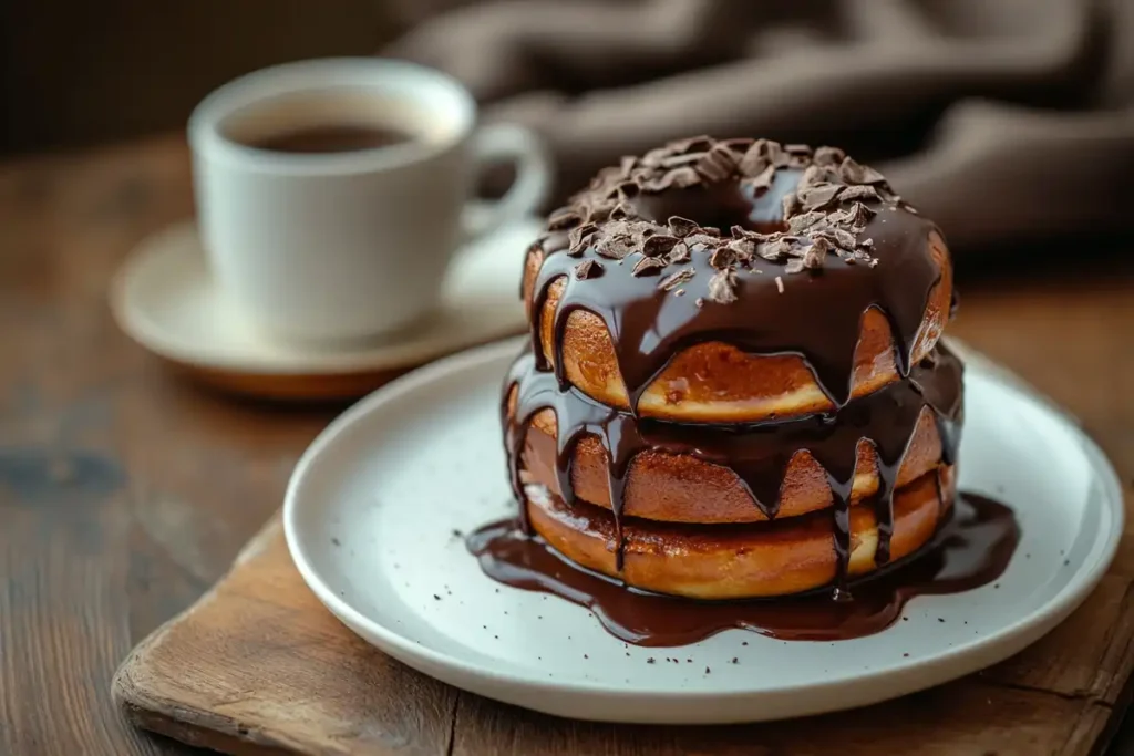Chocolate buns served with a cup of coffee on a breakfast table