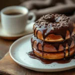 Chocolate buns served with a cup of coffee on a breakfast table