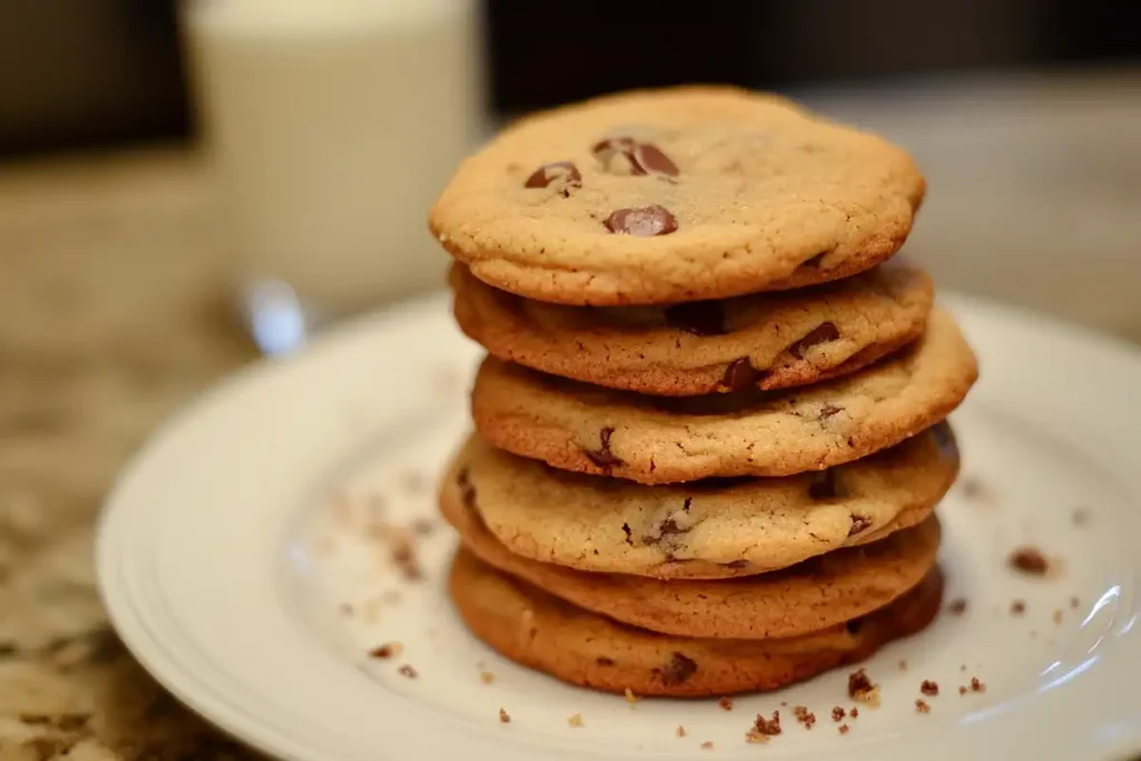 Sourdough chocolate chip cookies with a glass of milk