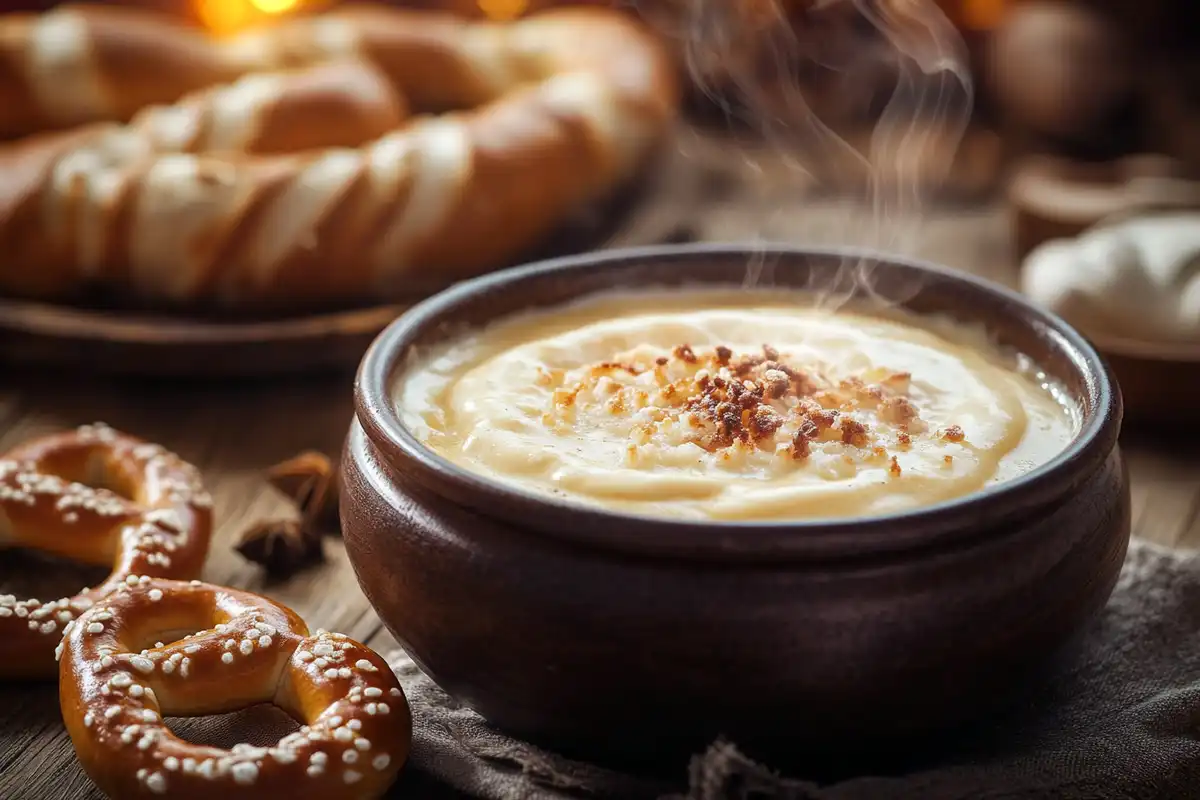 Pretzel cheese dip with soft pretzels on a rustic table.