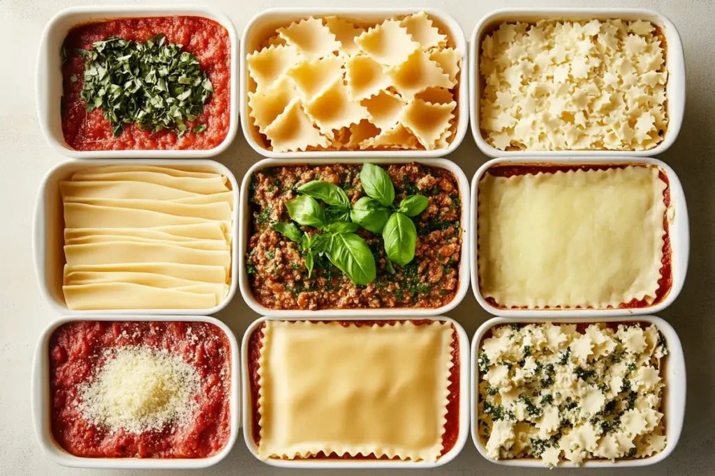 Assembling layers of San Giorgio Lasagna in a baking dish