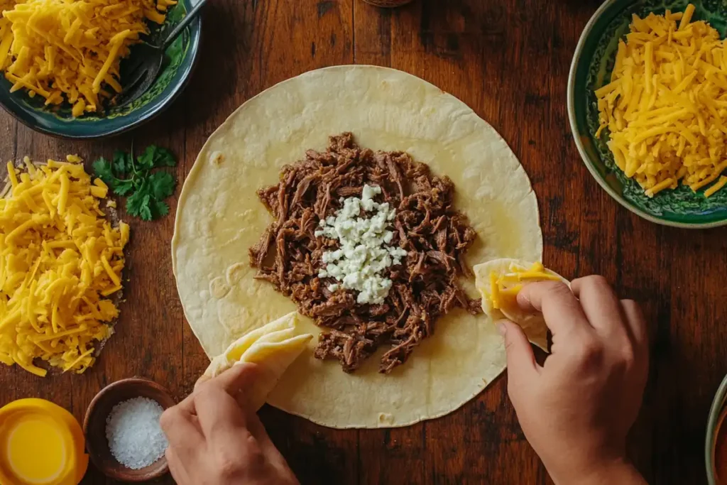 Assembling birria bombs with meat and cheese fillings.
