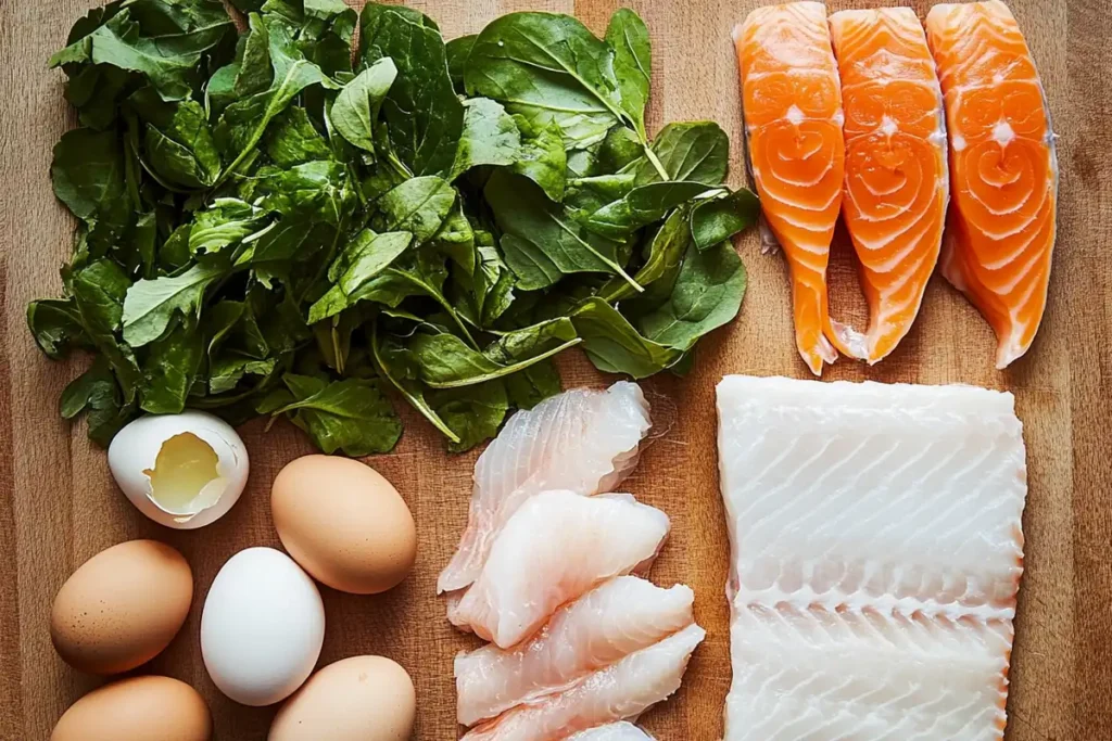 Fresh ingredients for homemade fish food, including leafy greens, shrimp, and fish fillets on a wooden countertop.