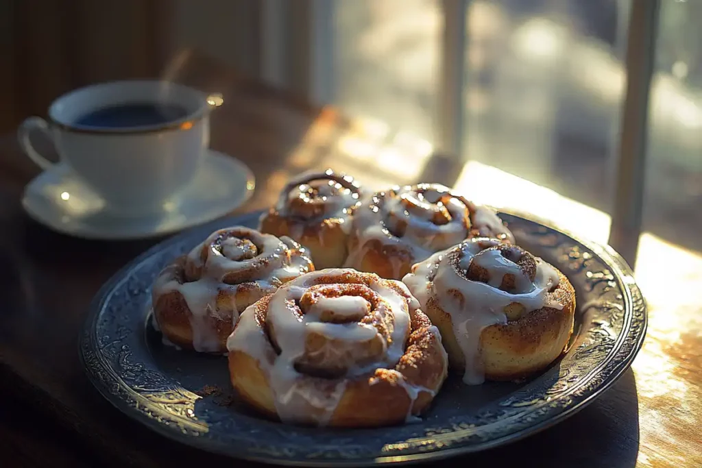 Freshly baked sourdough cinnamon rolls with icing