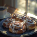 Freshly baked sourdough cinnamon rolls with icing