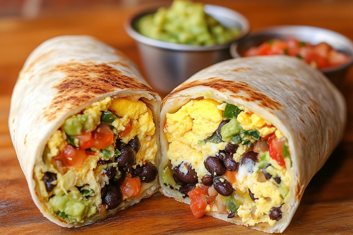A sliced breakfast burrito filled with scrambled eggs, cheese, vegetables, and beans, served with salsa and guacamole on a wooden table.