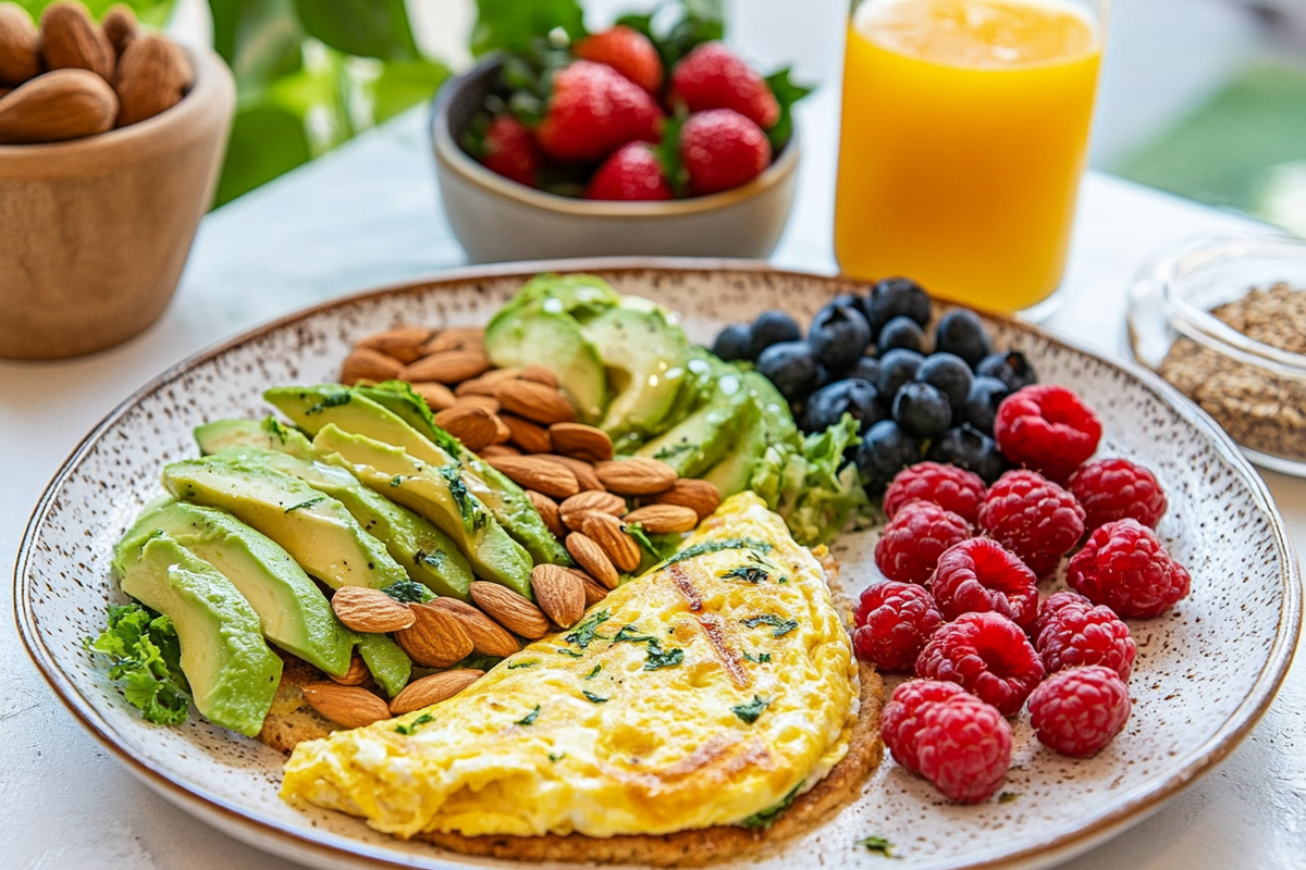 A colorful and nutritious breakfast plate featuring a vegetable omelette, avocado slices, and whole-grain toast, ideal for PCOS management.