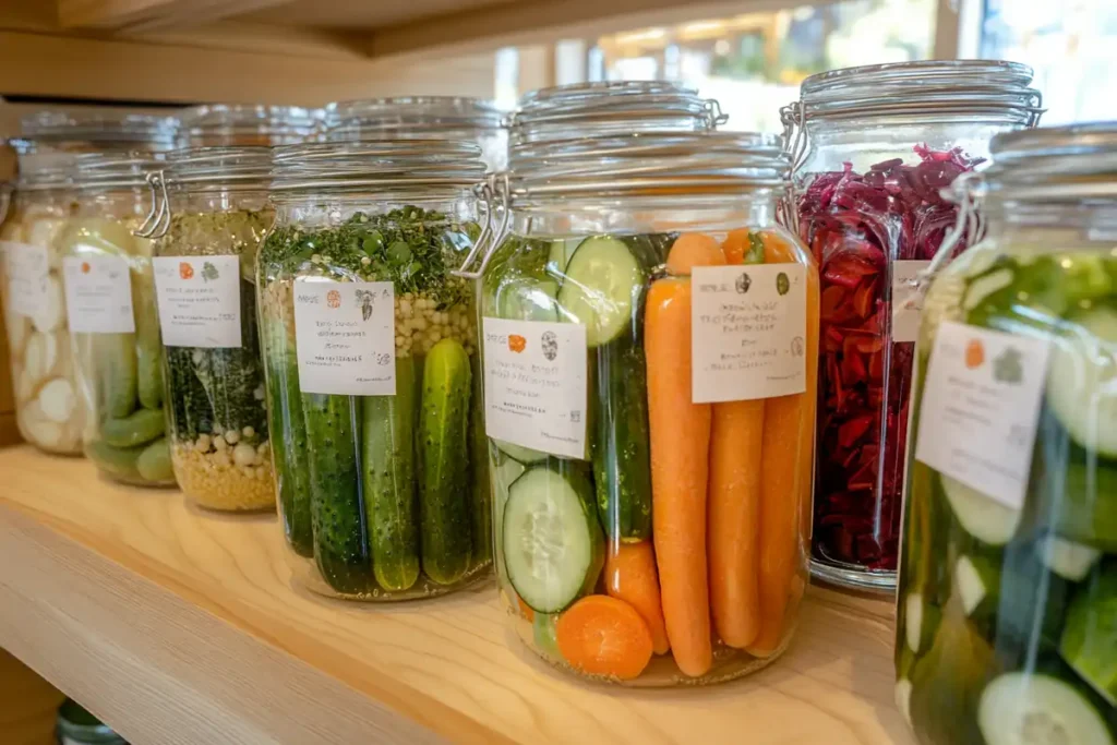 Assorted pickled vegetables in jars with seasoning blends.