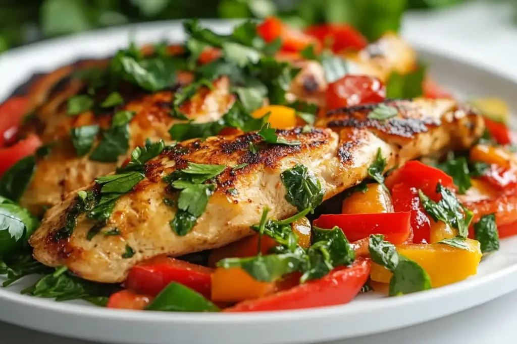 Colorful chicken and egg omelette with fresh vegetables on a white plate.