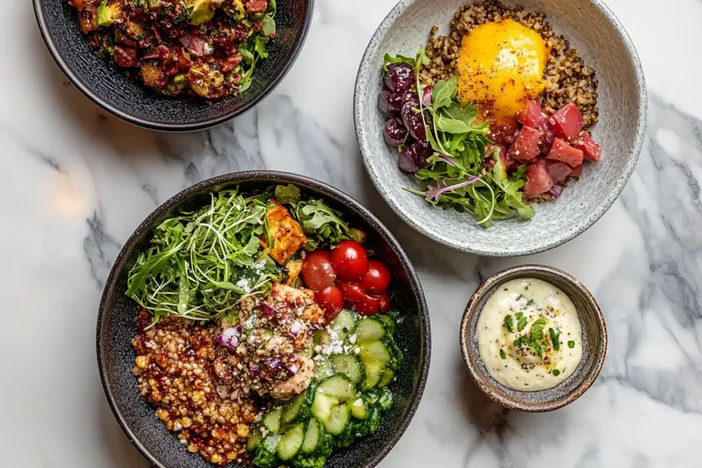 A vibrant flat lay of a Green Chef meal with a colorful salad, grain bowl, and Mediterranean-style dish.