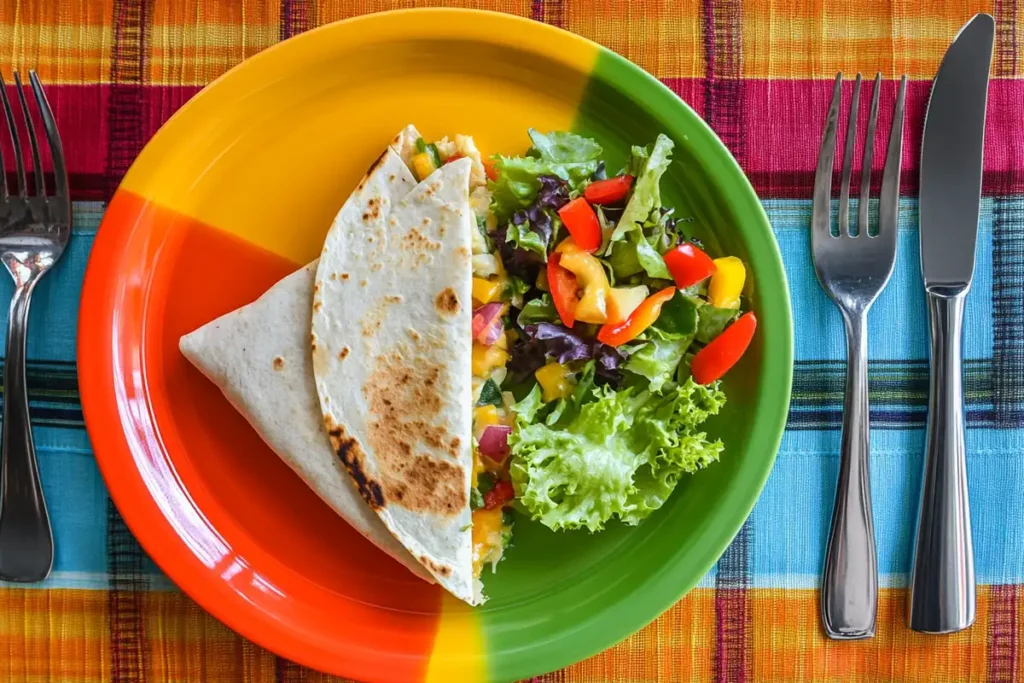 A colorful vegetable and cheese quesadilla with a fresh salad on the side