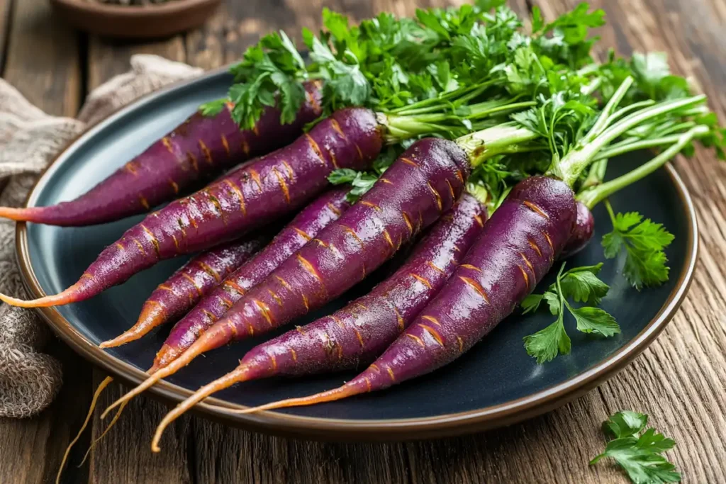 Roasted purple carrots drizzled with honey glaze and fresh thyme.