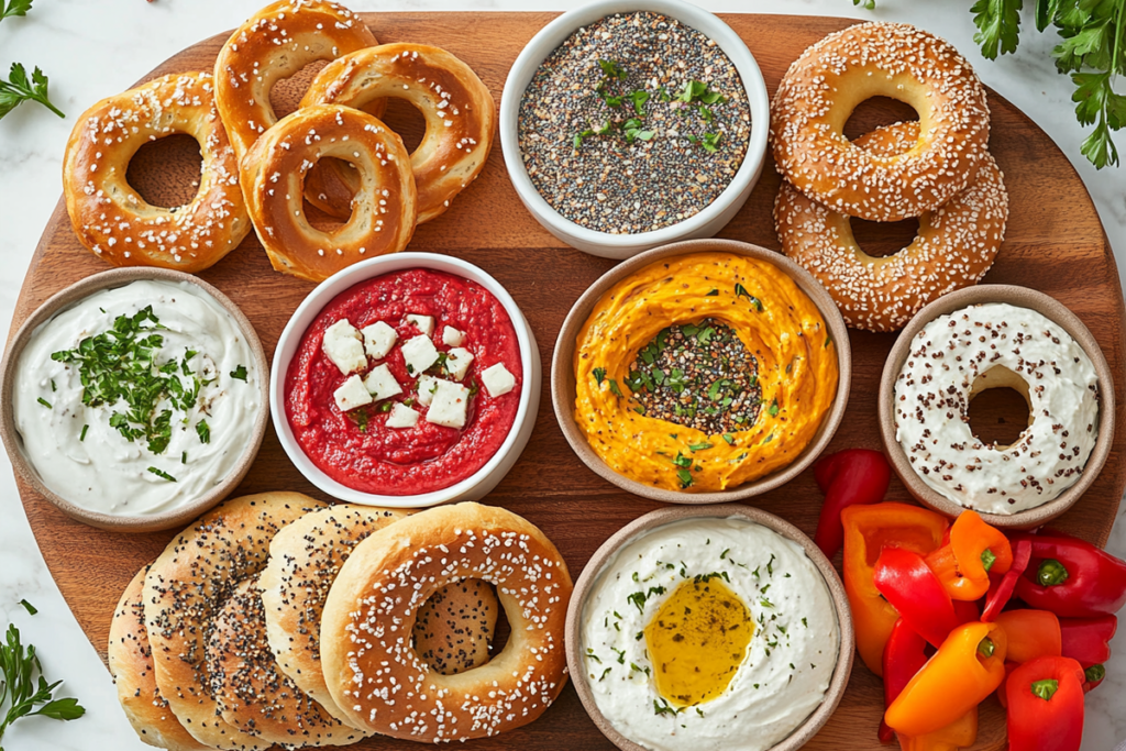 A party spread featuring bagel dip varieties with bagels and pretzels.