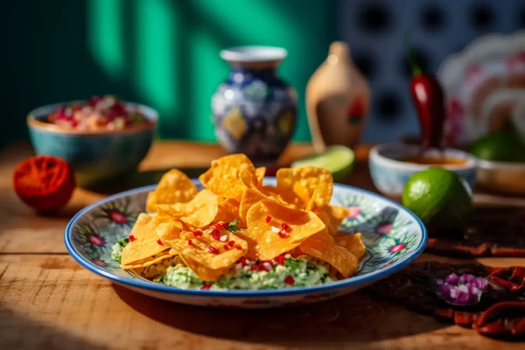 Crispy cottage cheese chips served with guacamole on a colorful plate.