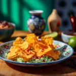Crispy cottage cheese chips served with guacamole on a colorful plate.