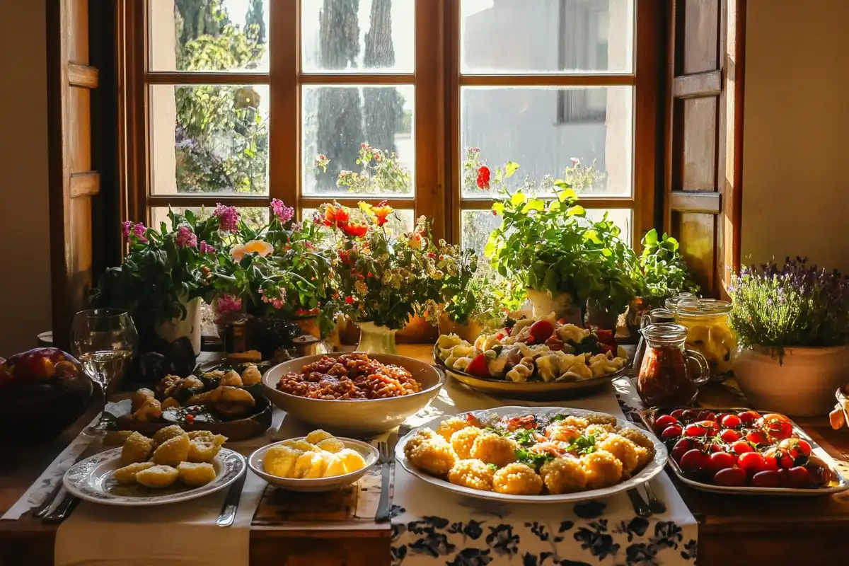 Sicilian recipes table with authentic dishes