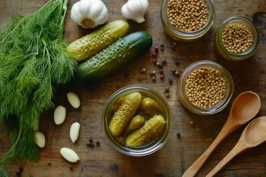 Classic pickling ingredients on a wooden table.