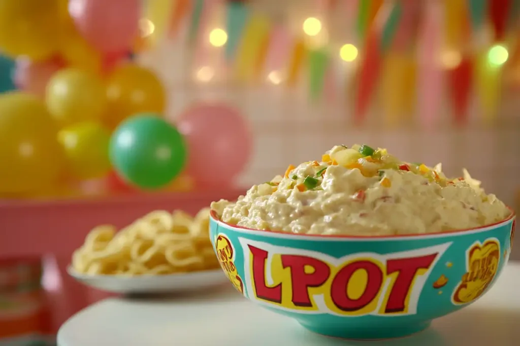 Vintage Lipton onion dip display with party decor.