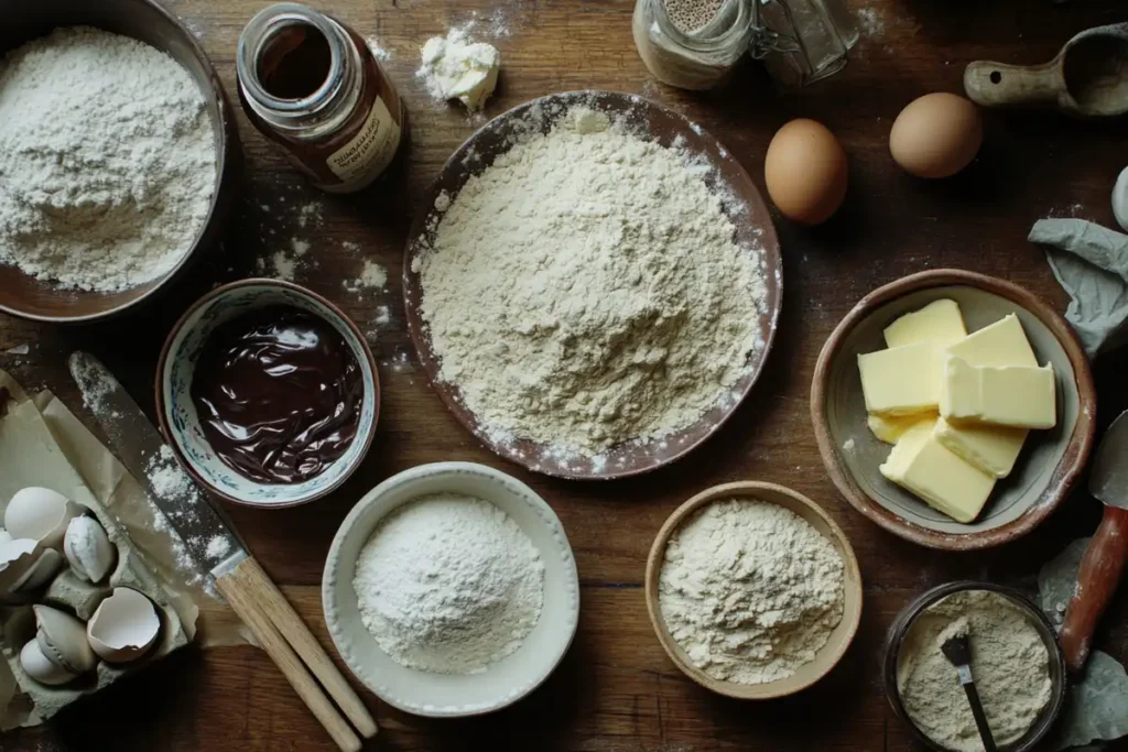 Ingredients for making chocolate buns laid out on a wooden table