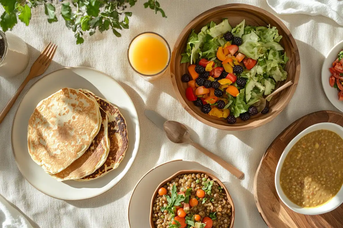 A variety of WIC-approved meals arranged on a dining table in natural light