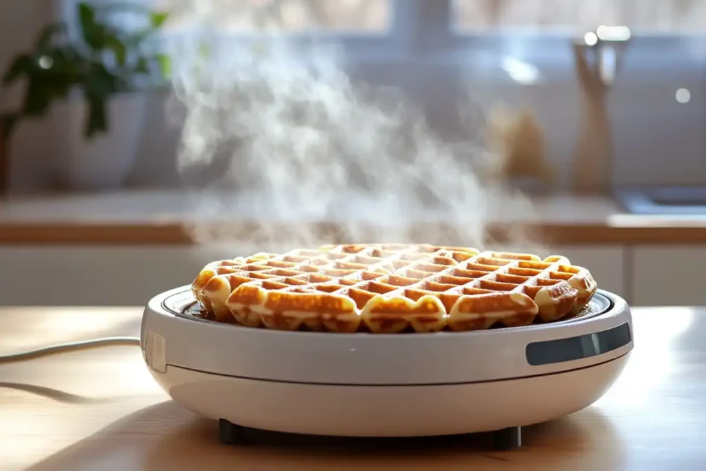 Golden Kodiak waffles cooking in a waffle iron with steam rising.
