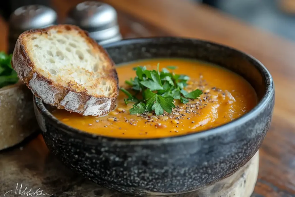 A steaming bowl of lentil soup garnished with parsley, served with whole grain bread
