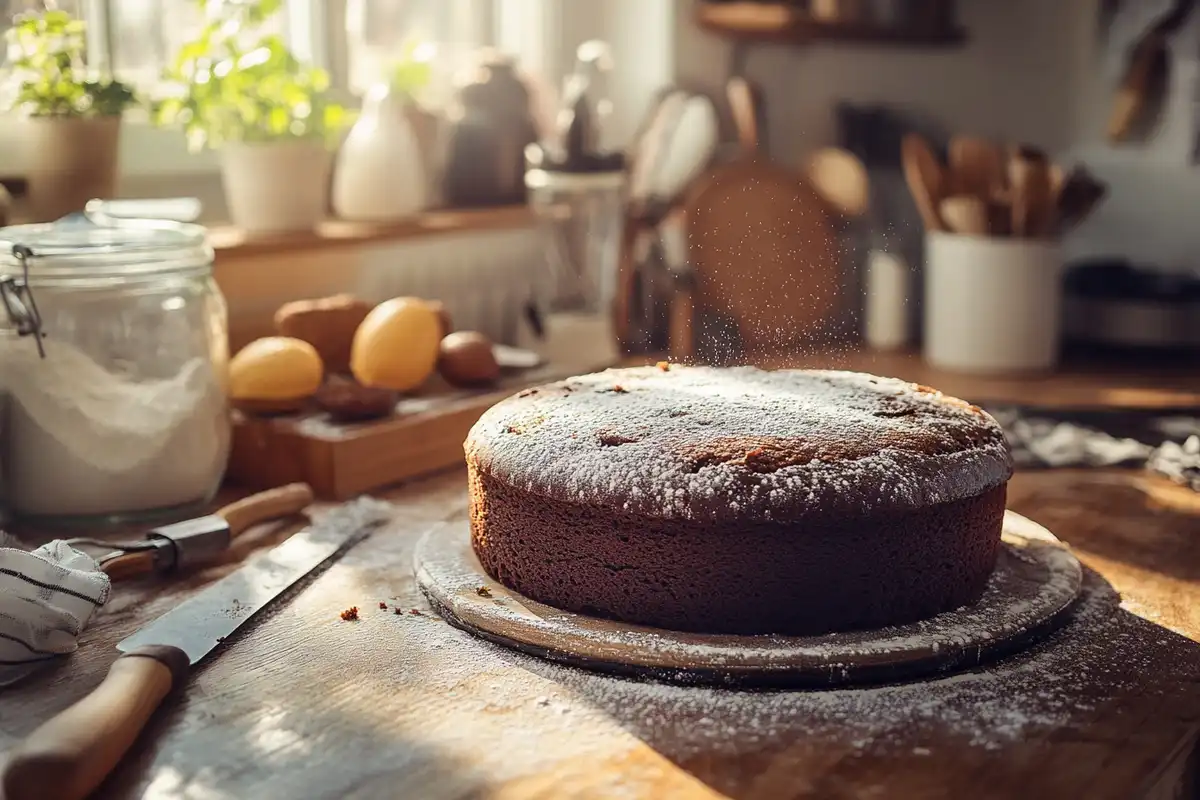 Rustic sourdough chocolate cake on a kitchen counter