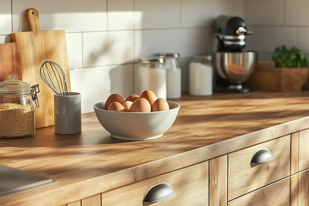 Ingredients for Kodiak waffle preparation, including mix, eggs, and milk on a clean kitchen counter."