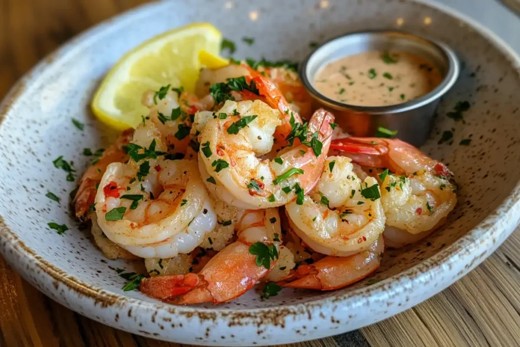 A dish of tender cooked shrimp with parsley and lemon garnish.