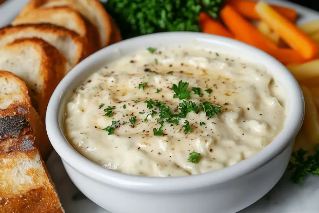 A bowl of creamy Parmesan sauce garnished with parsley."
