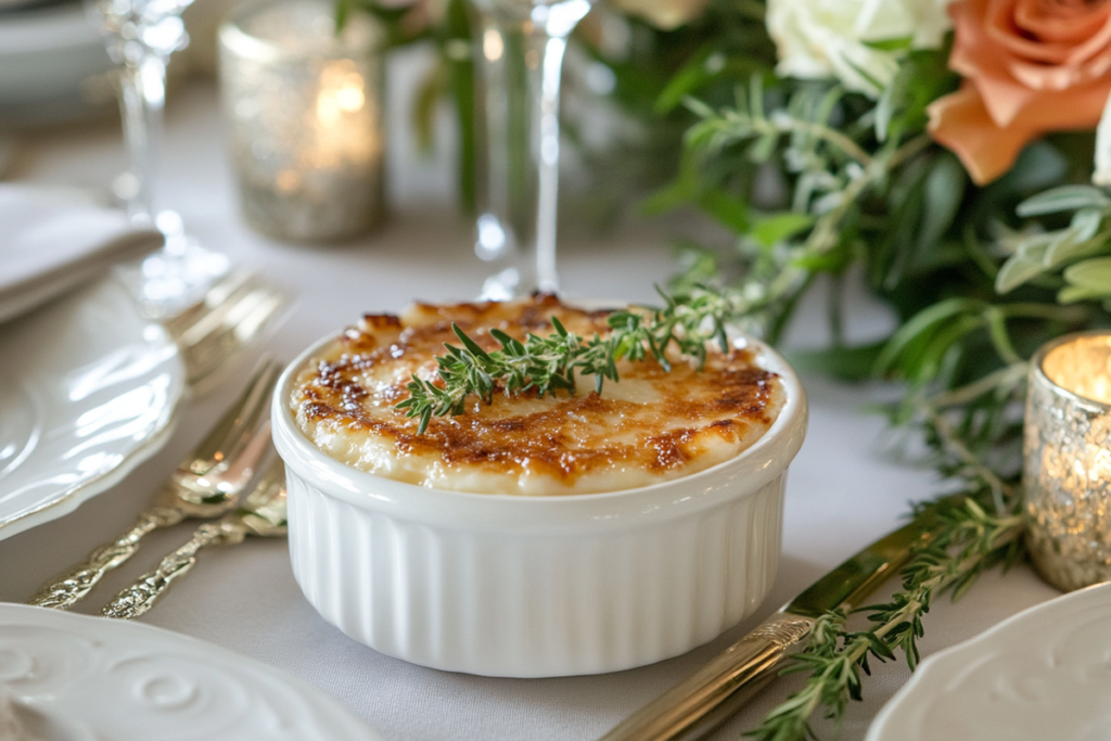 Crab brûlée in a ramekin with caramelized sugar crust, garnished with parsley.