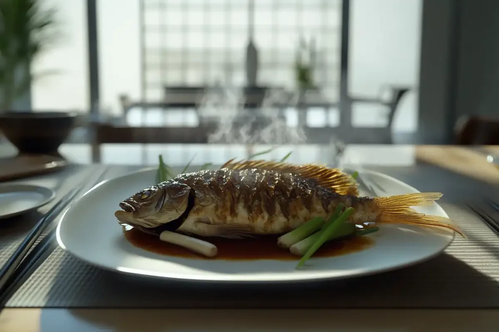 Steamed whole tilapia with ginger and soy sauce.