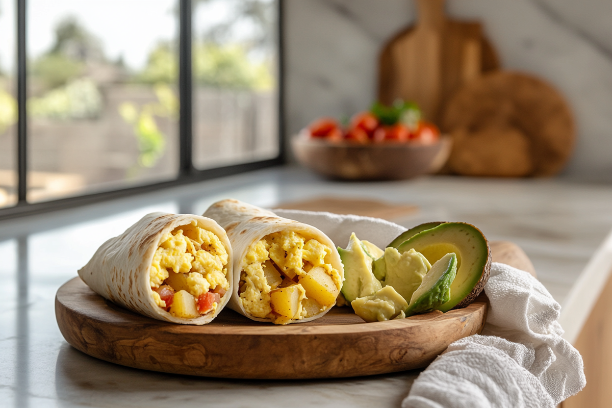A potato and egg burrito cut in half, showing eggs, potatoes, and cheese, served with salsa and avocado.