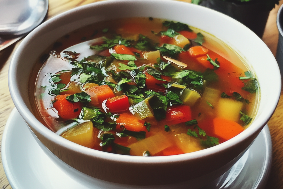 A steaming bowl of soup with fresh herbs and a slice of crusty bread on the side, showcasing rich and vibrant colors.