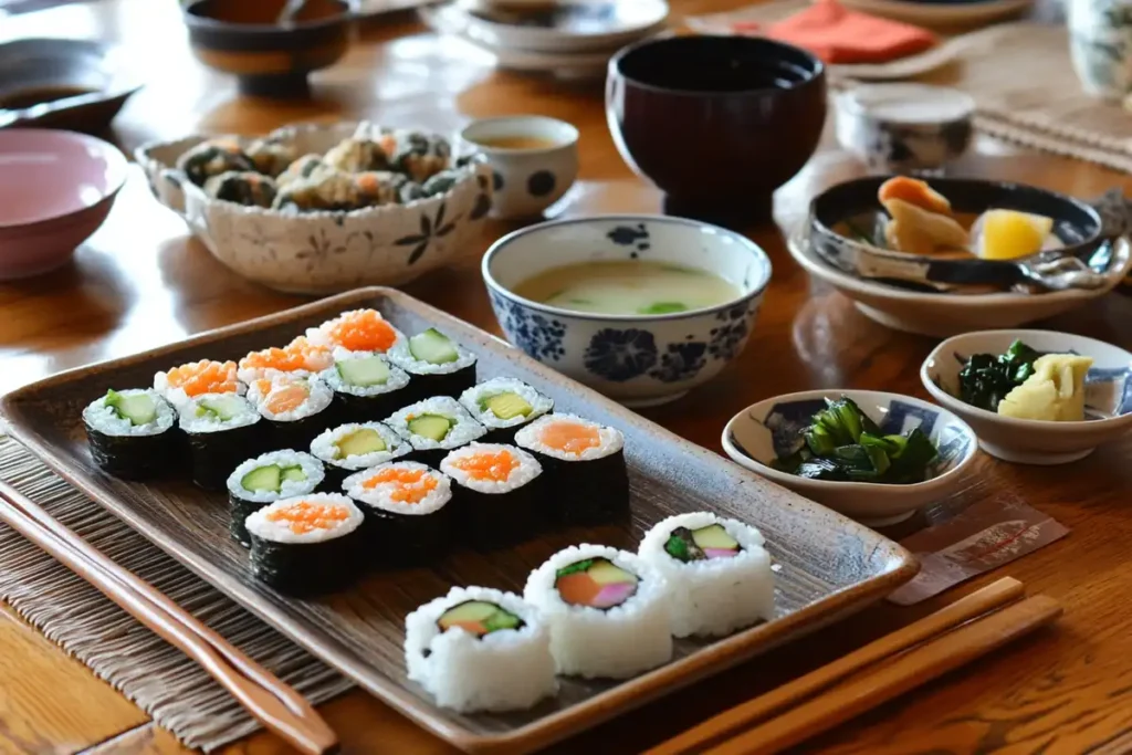 A spread of traditional Japanese vegetarian dishes on a wooden table.