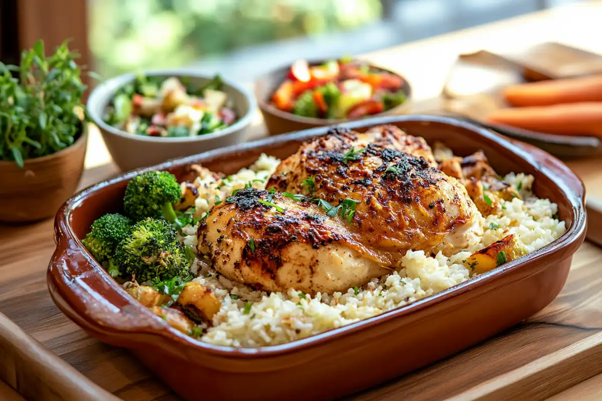 A beautifully baked Forgotten Chicken Recipe with creamy rice and chicken, served on a rustic wooden table with broccoli and salad on the side.