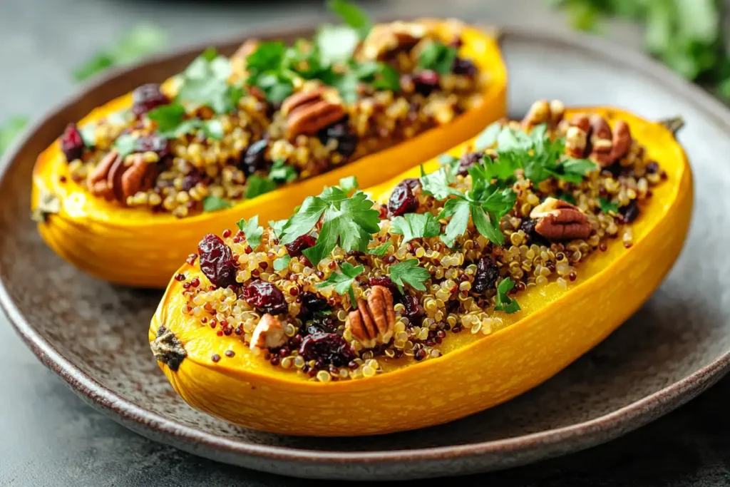 Stuffed carnival squash with quinoa and cranberries.