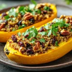 Stuffed carnival squash with quinoa and cranberries.