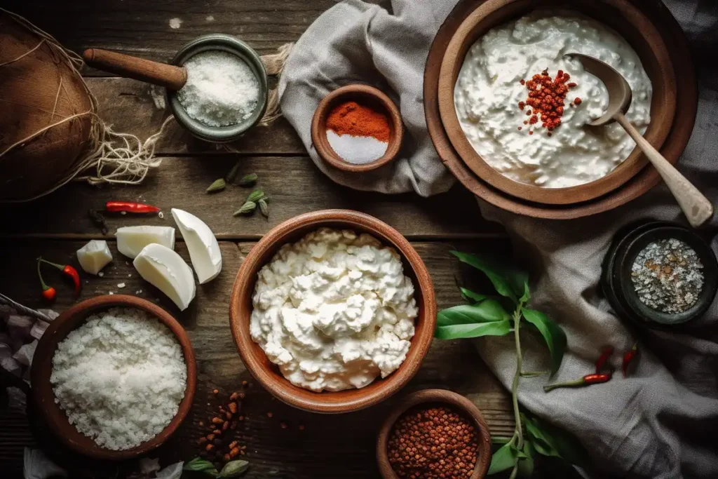 Ingredients for cottage cheese chips including cottage cheese, spices, and a piping bag.