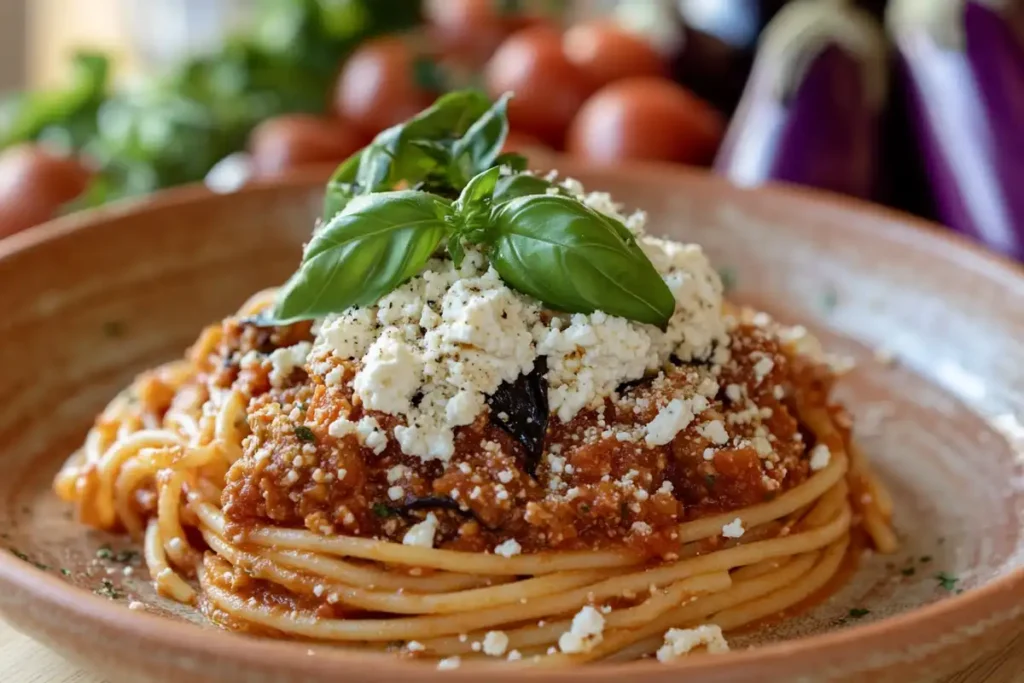 Pasta alla Norma with basil and ricotta