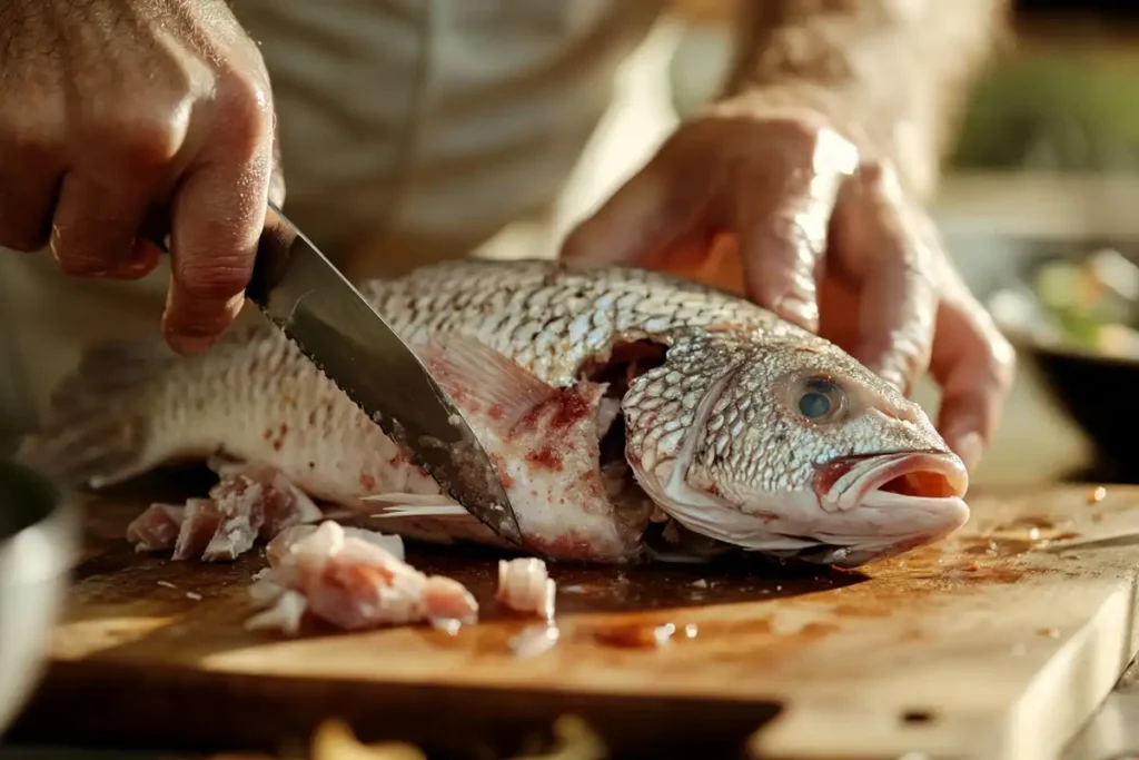 A person cleaning and gutting a whole tilapia.