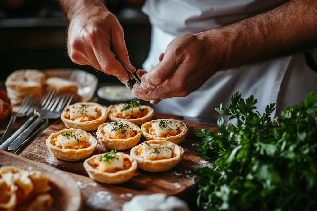 Preparing mini cocottes with fresh ingredients and care.