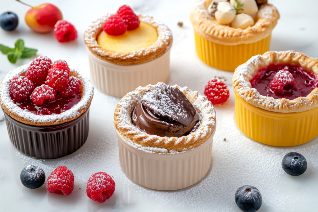 Mini cocottes with desserts like chocolate lava cake and soufflés.